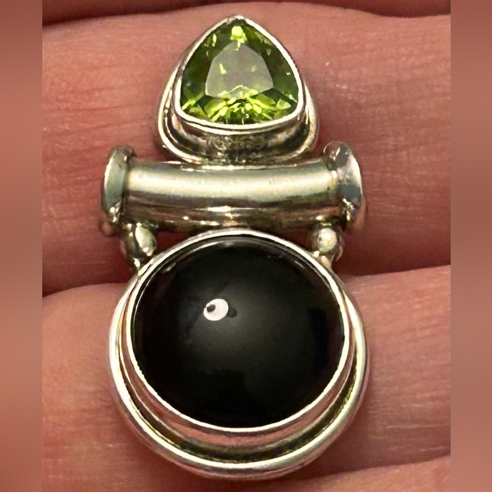 Vintage artisan made black onyx and peridot 925 silver slide pendant.